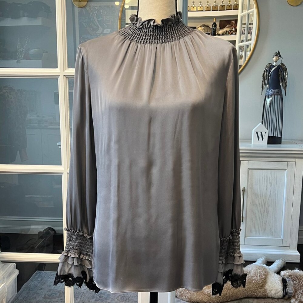Kobi Halperin Sasha Grey Silk Blouse XS Mock Neck Lace Cuffs